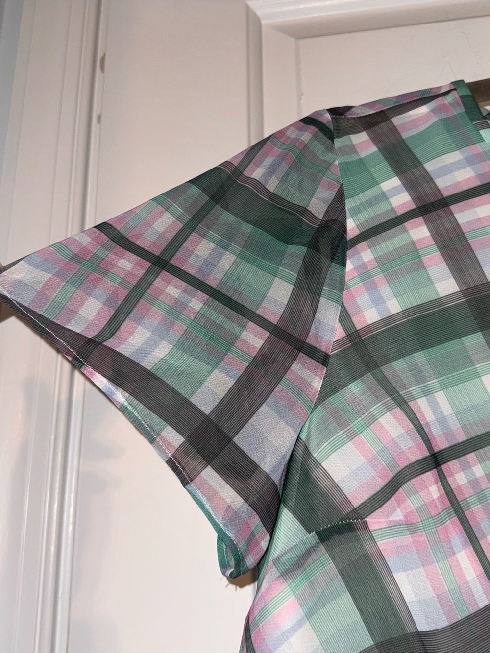 Ann Taylor Green Pink Plaid Drop Waist Short Sleeve chiffon lightweight Dress 8 - Picture 7 of 14